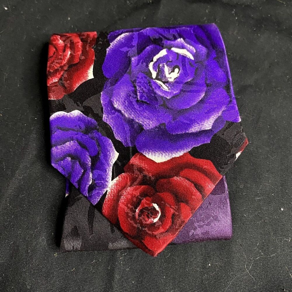 #6702 J Blades & Co Red and Purple Roses Black Mens Necktie, Tie